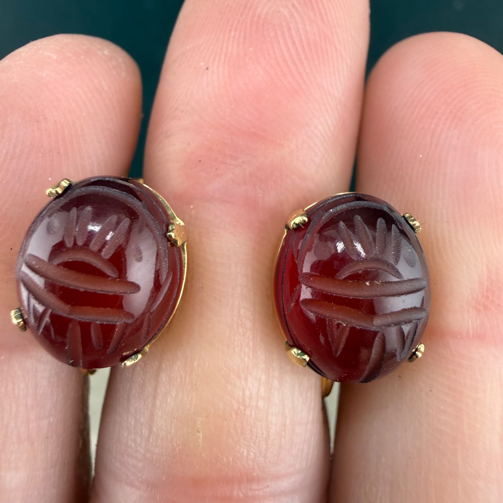 Vintage Gold Filled Scarab Screw Back Earrings Red Egyptian Revival