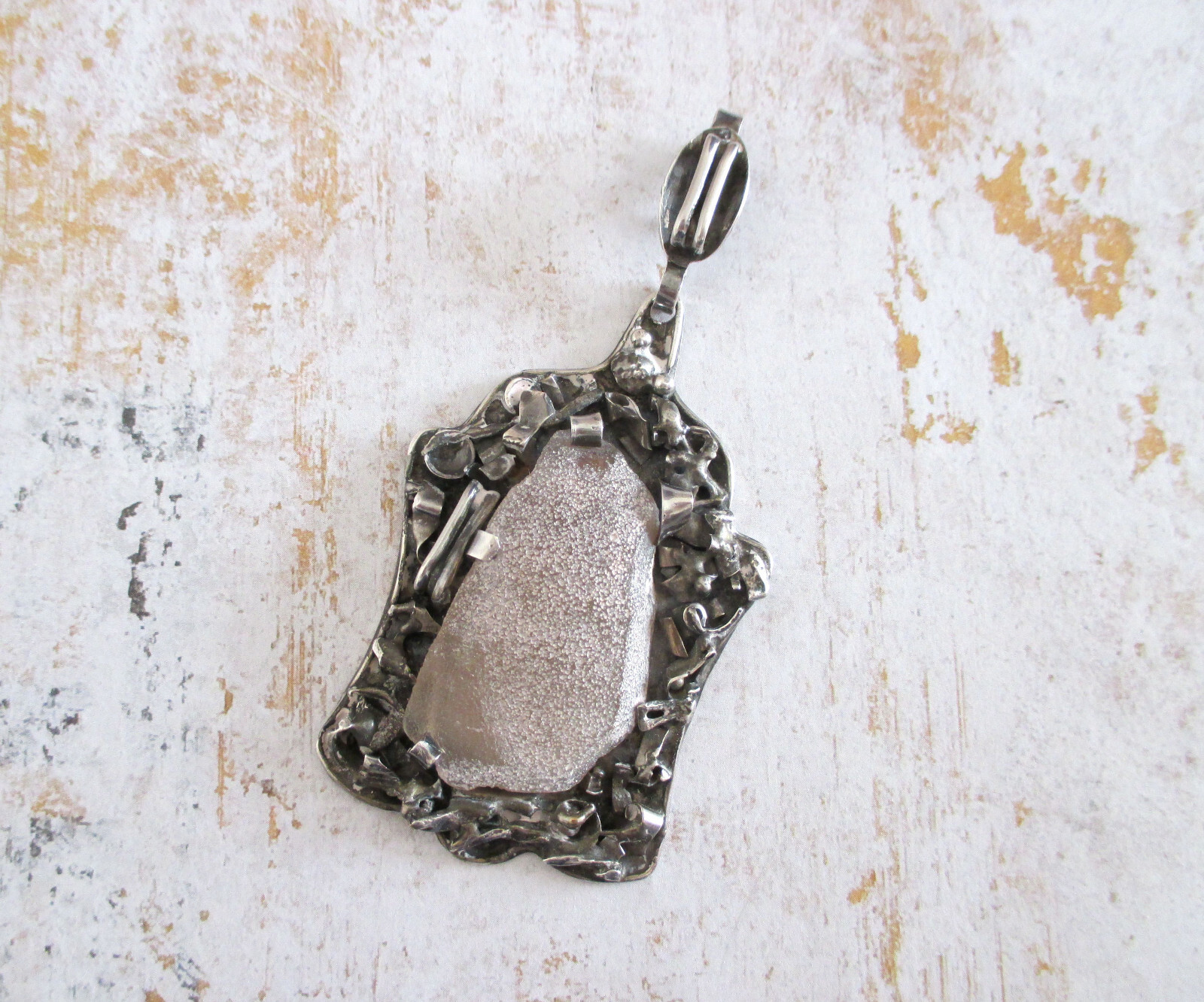 LARGE Brutalist Pendant Artisan Israel – Sterling Silver and Quartz Pendant