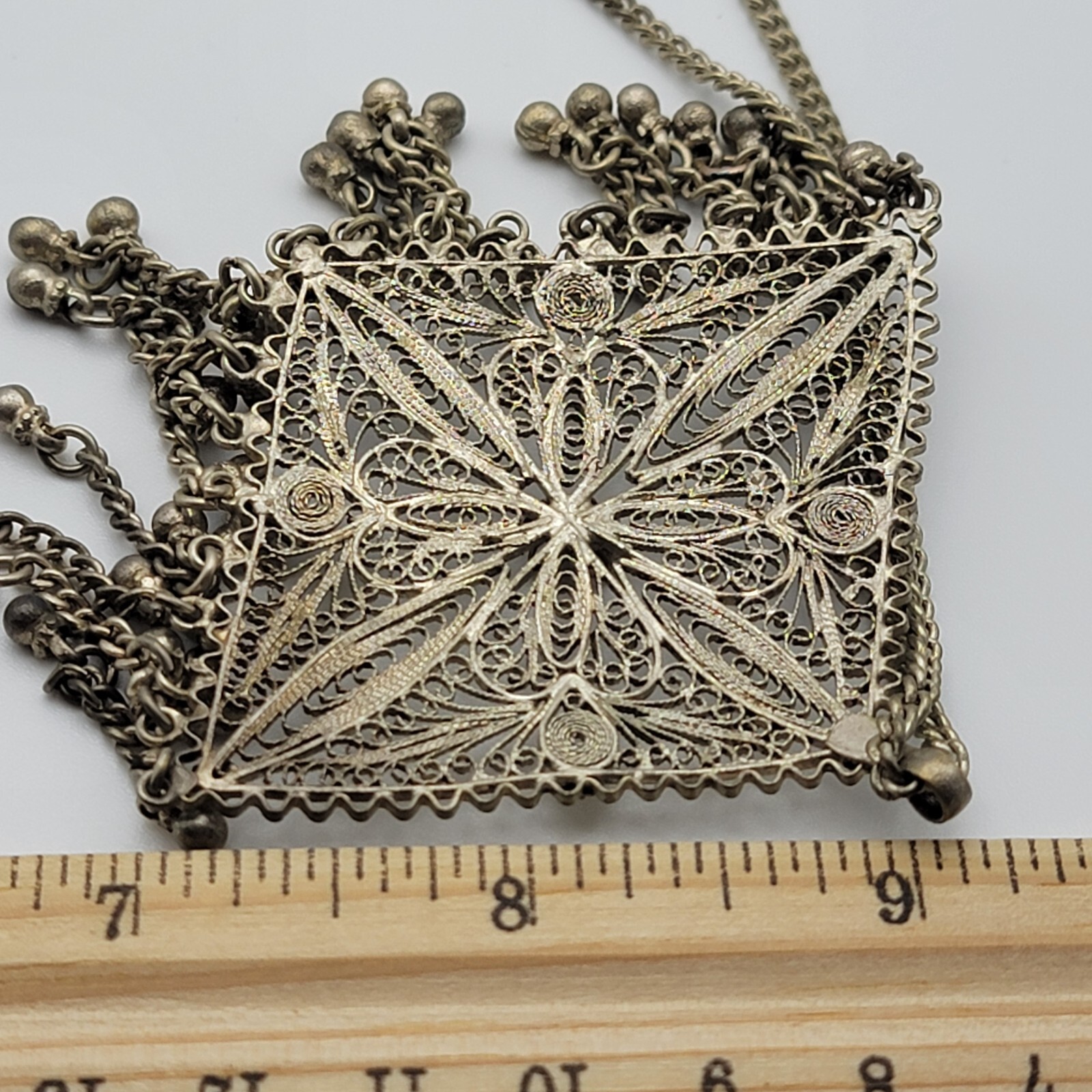 Vtg. Silver Tone Filigree Diamond Shape Tassel Pendant Necklace 25 In Art Deco