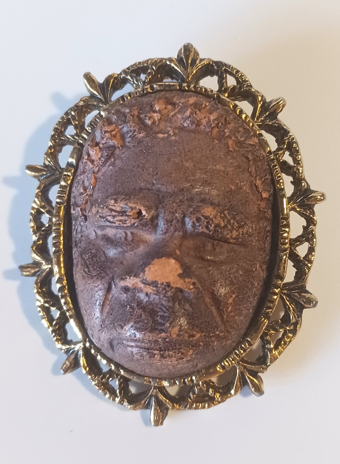 Vintage Signed Brooch: Carved Clay African Face in Ornate Gold-tone Frame