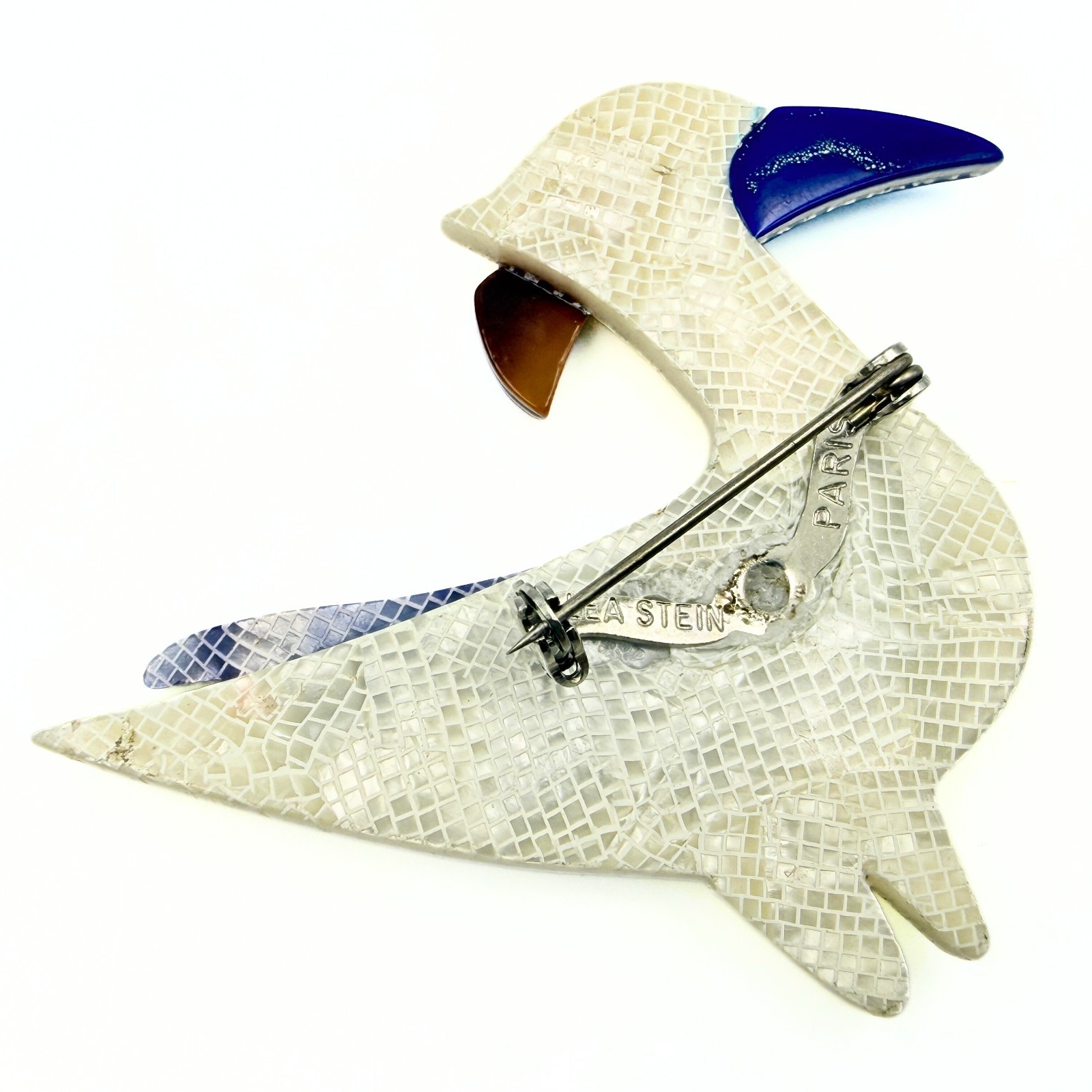 Lea Stein Marked Paris White Blue Acetate “The Cormorant” Celluloid Brooch