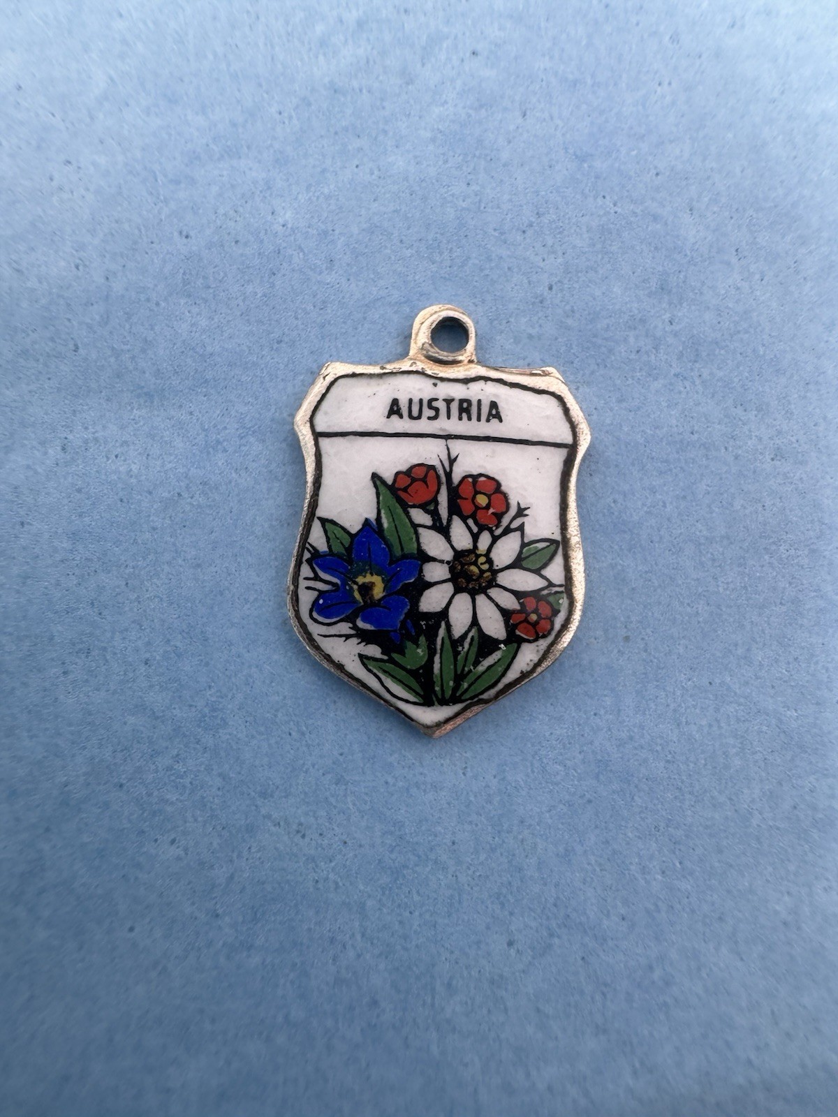 Floral Austria Vintage Edelweiss Silver Enamel Travel Shield Bracelet Charm