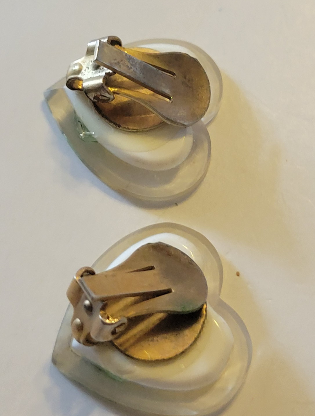 Vtg Estate Clip Earrings Acrylic Resin Heart Shaped Inlaid Yellow Rose Jewelry