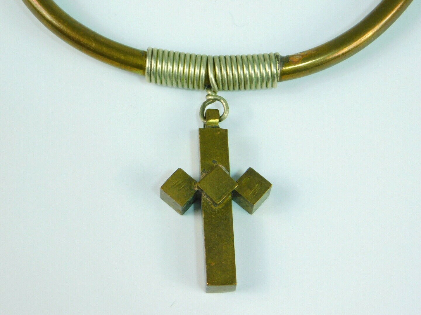 Brutalist Brass & Silver Wire Wrapped Cross Collar Choker Necklace 16″