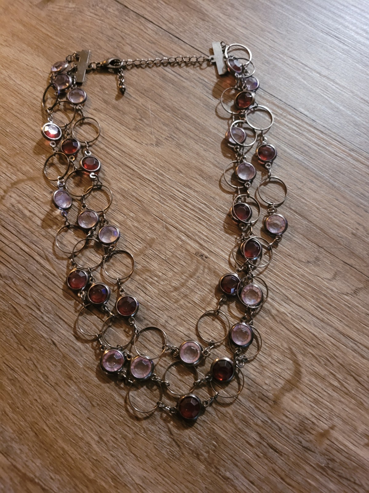 Purple Bezel Set Stationed Necklace Multi Strand Gun Metel Color Lobster Clasp