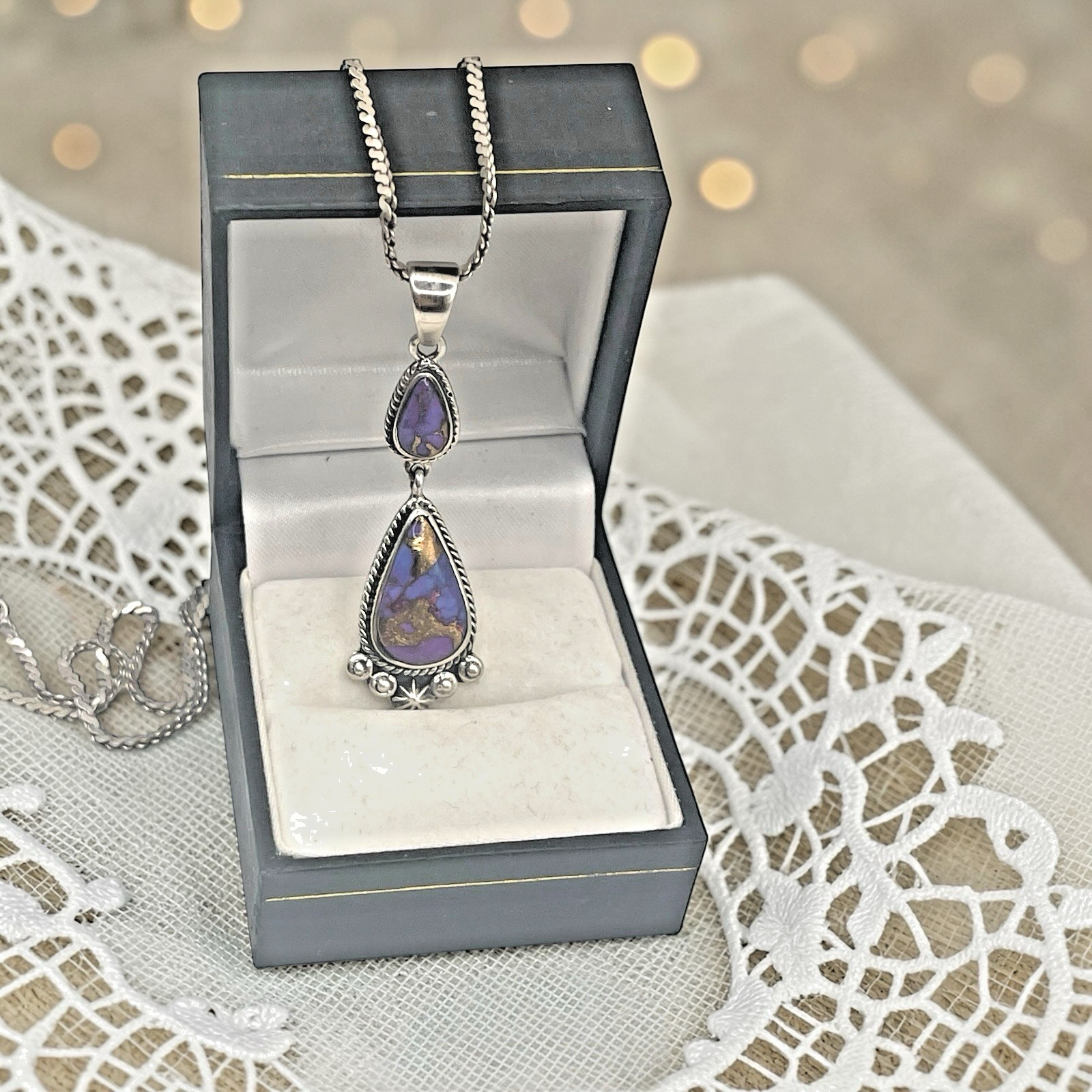 T Philippines Ornate 925 Sterling Copper Purple Gemstone Pendant Necklace, 16.5″