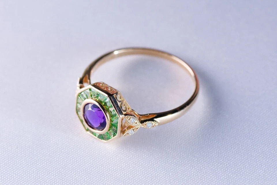 Art Deco Vintage Style Lab Created Amethyst & Emerald Wedding 14K Gold FN Ring