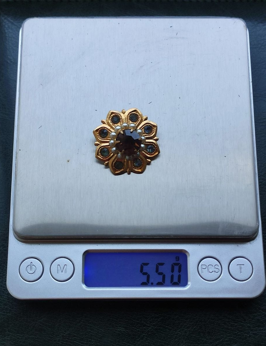 Vintage Brass Flower Brooch | Smoky Crystal & Pearl Pin | Excellent Condition