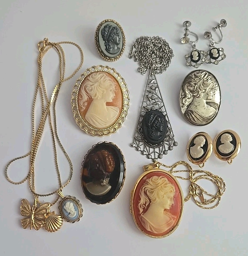 Vtg Modern Resin Cameo Pins Brooch Pendant Necklace Earrings Lot