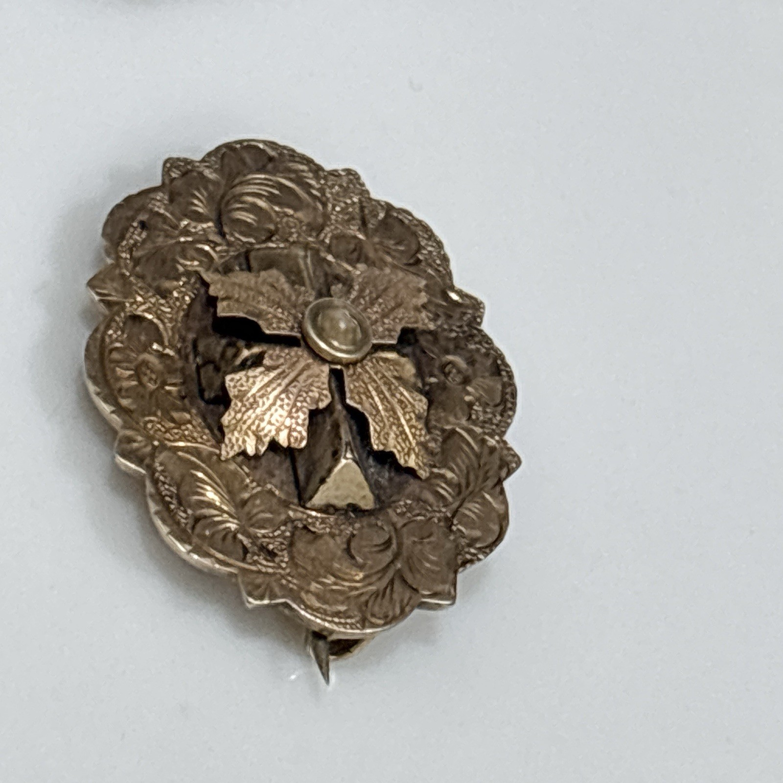 Antique Victorian Gold Filled Brooch Pin Floral Repousse Oval 3D Cross Vintage