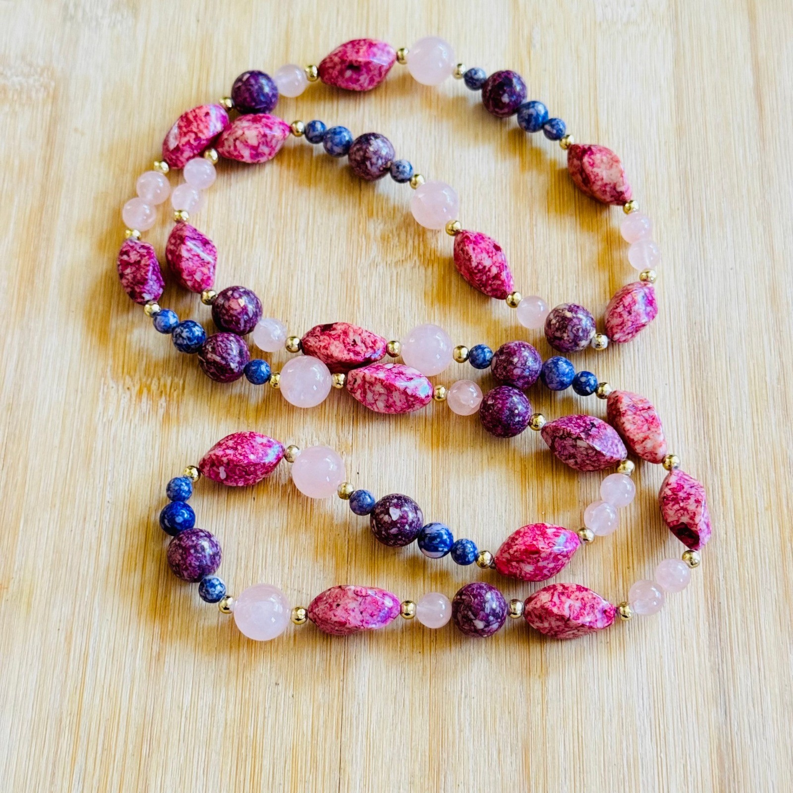 VTG Czech Art Glass Beaded Picasso Necklace Purple Pink Quartz Beads Flapper 34″