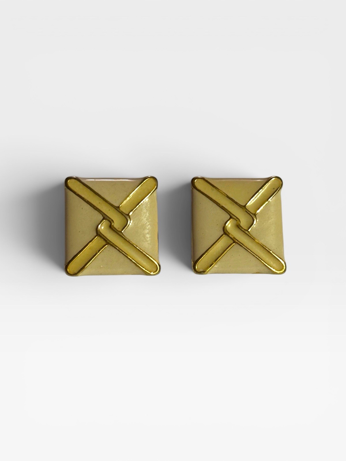 Vintage 1980s Square Enamel Heavy Gold Plated Power Statement Earrings 1” X 1”