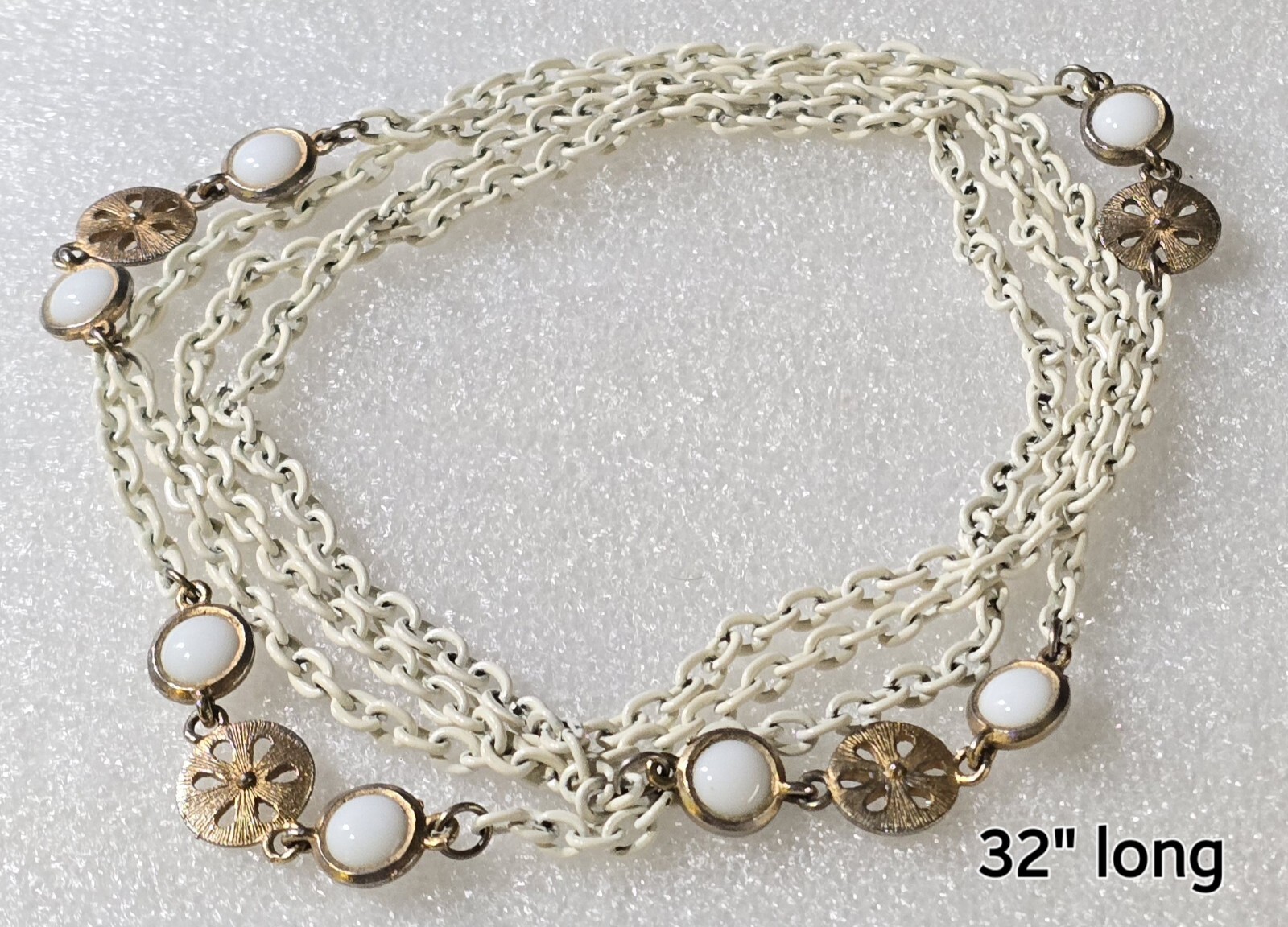 Vintage White Enamel Chain Bezel Set Cabs 32″ Long Necklace