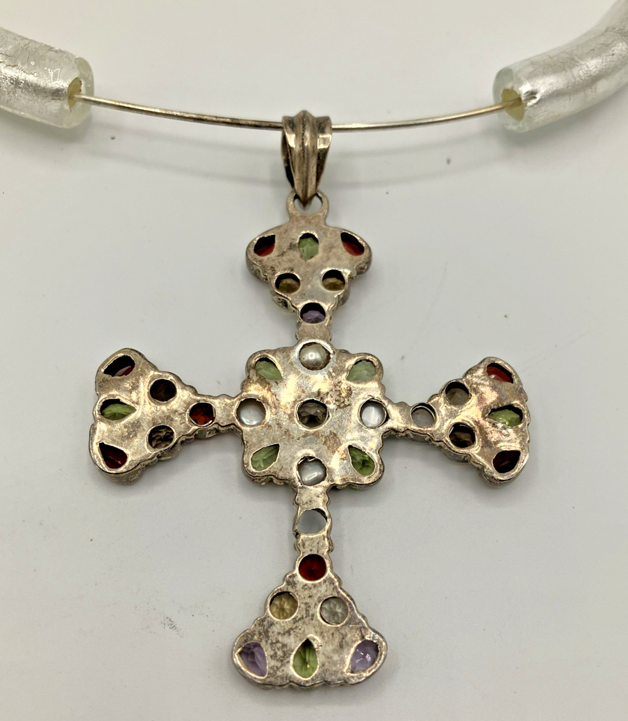 Vintage Sterling Gemstone Maltese Cross On Wire Choker Necklace Byzantine