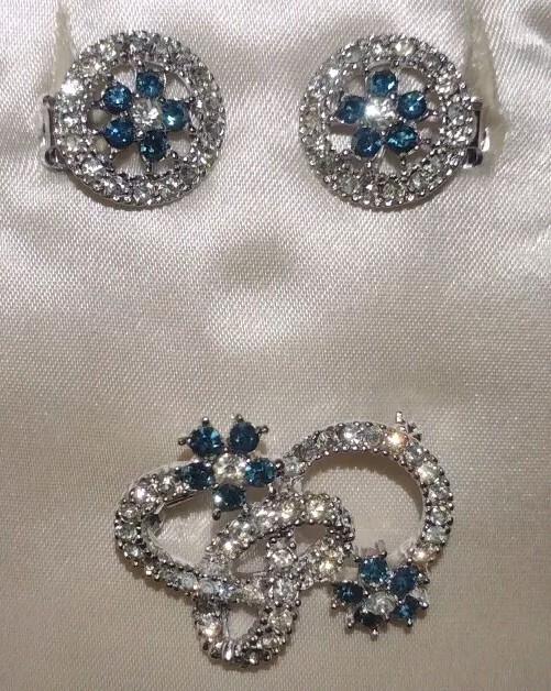 Vintage Blue/White Rhinestone Flower Brooch and Earrings