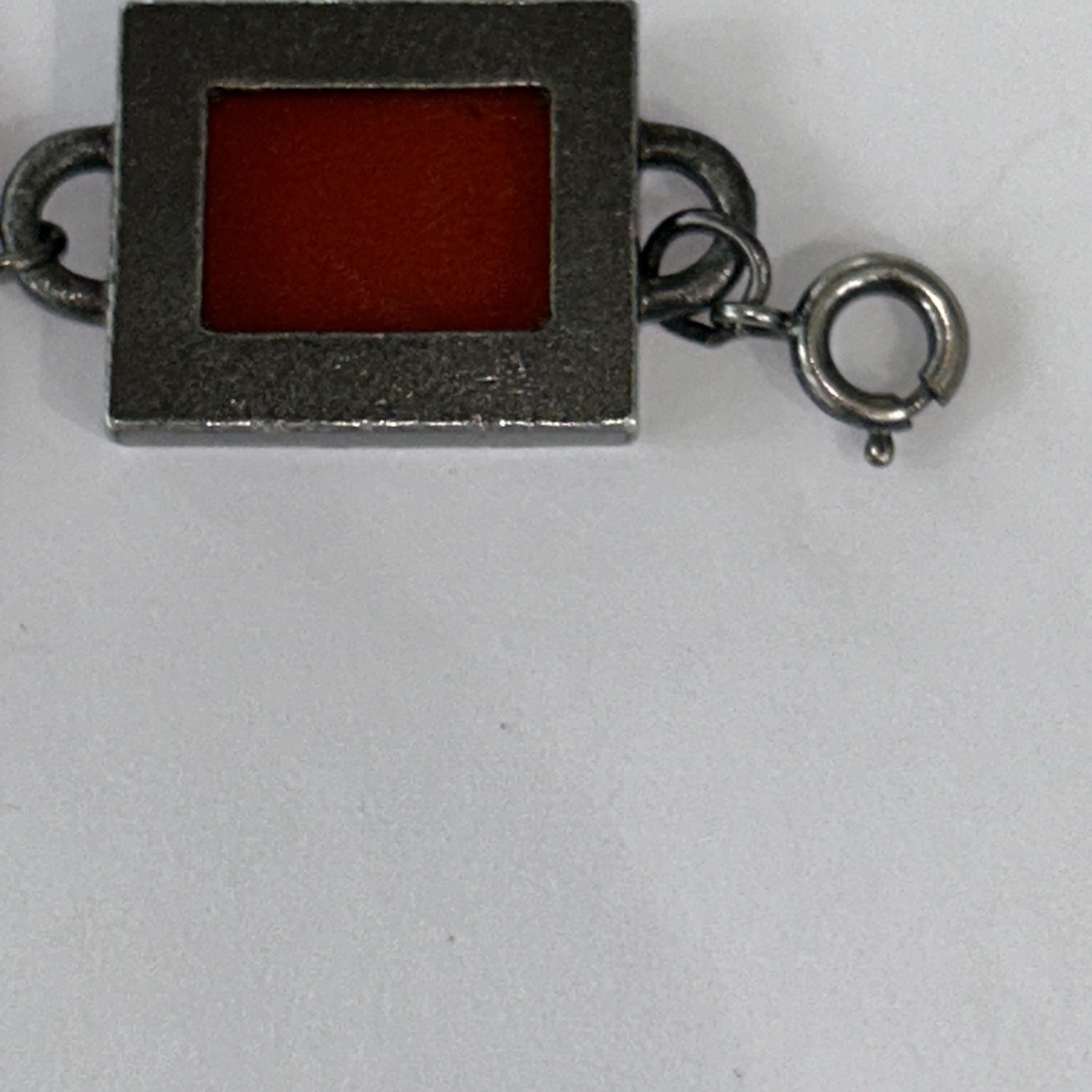 Vintage Bracelet Red Art Glass Retro Era Rectangle Silver Tone