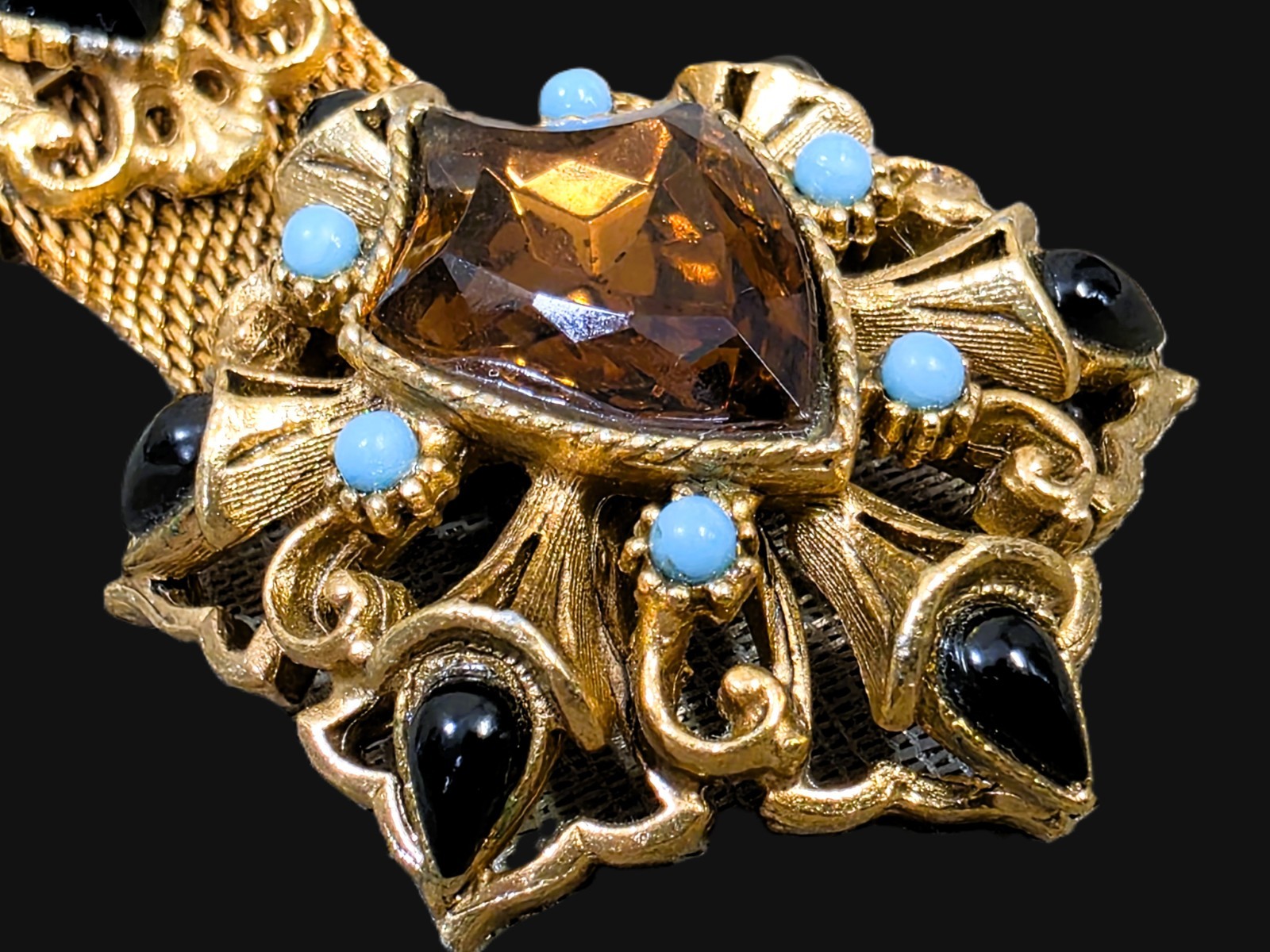 Vintage FLORENZA Rhinestone Heraldic Brooch Mesh Ribbon Pin