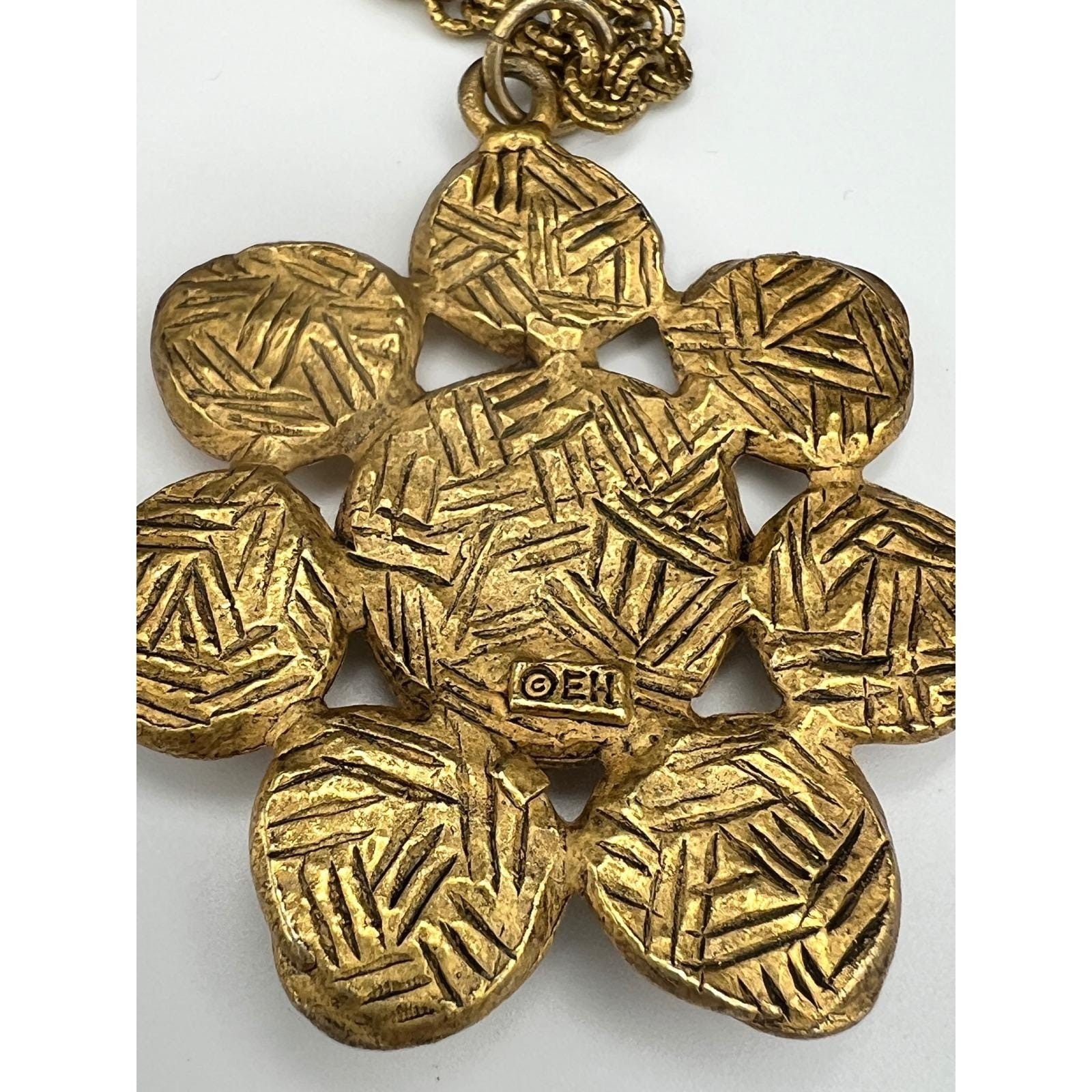 Vtg Eivind Hillestad EH Norway Gold Tone Spiral Flower Pendant Necklace 38″