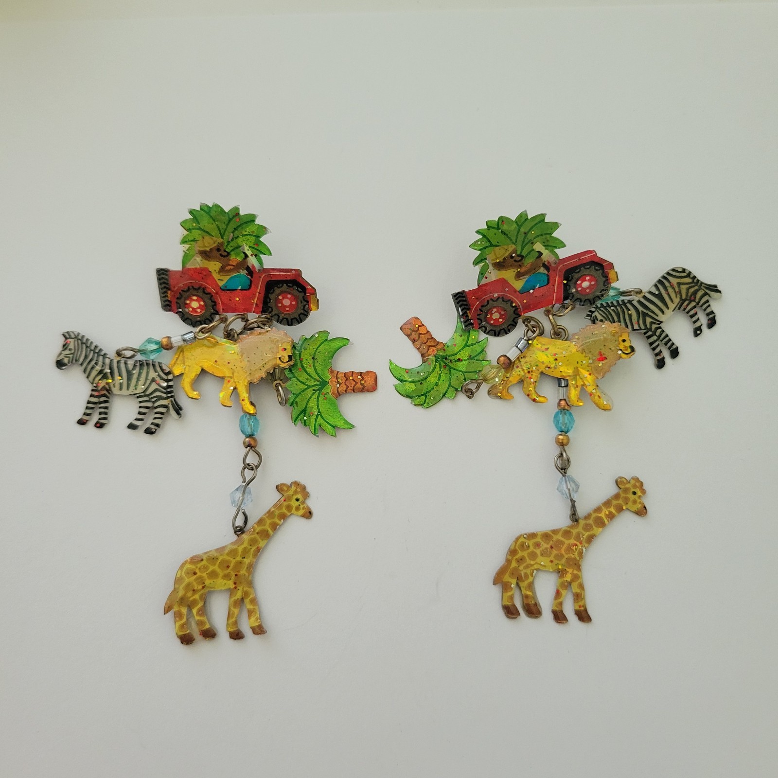Vtg Dangle 3″ Earrings Truck Lion Zebra Tree Giraffe Sarfari Animal Jewelry