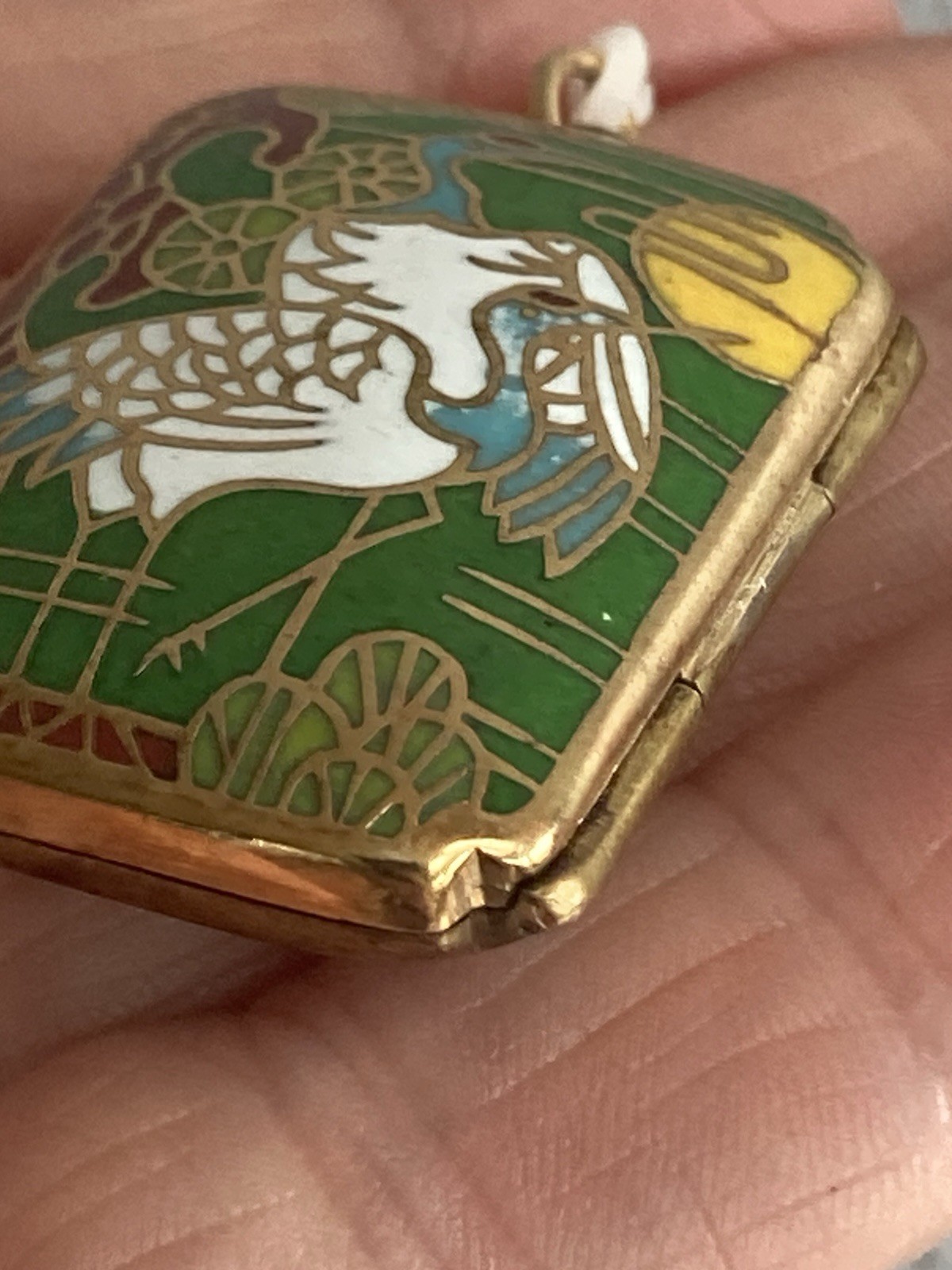 vintage cloisonne Locket Pendant trinket container necklace Stork Charm Heavy