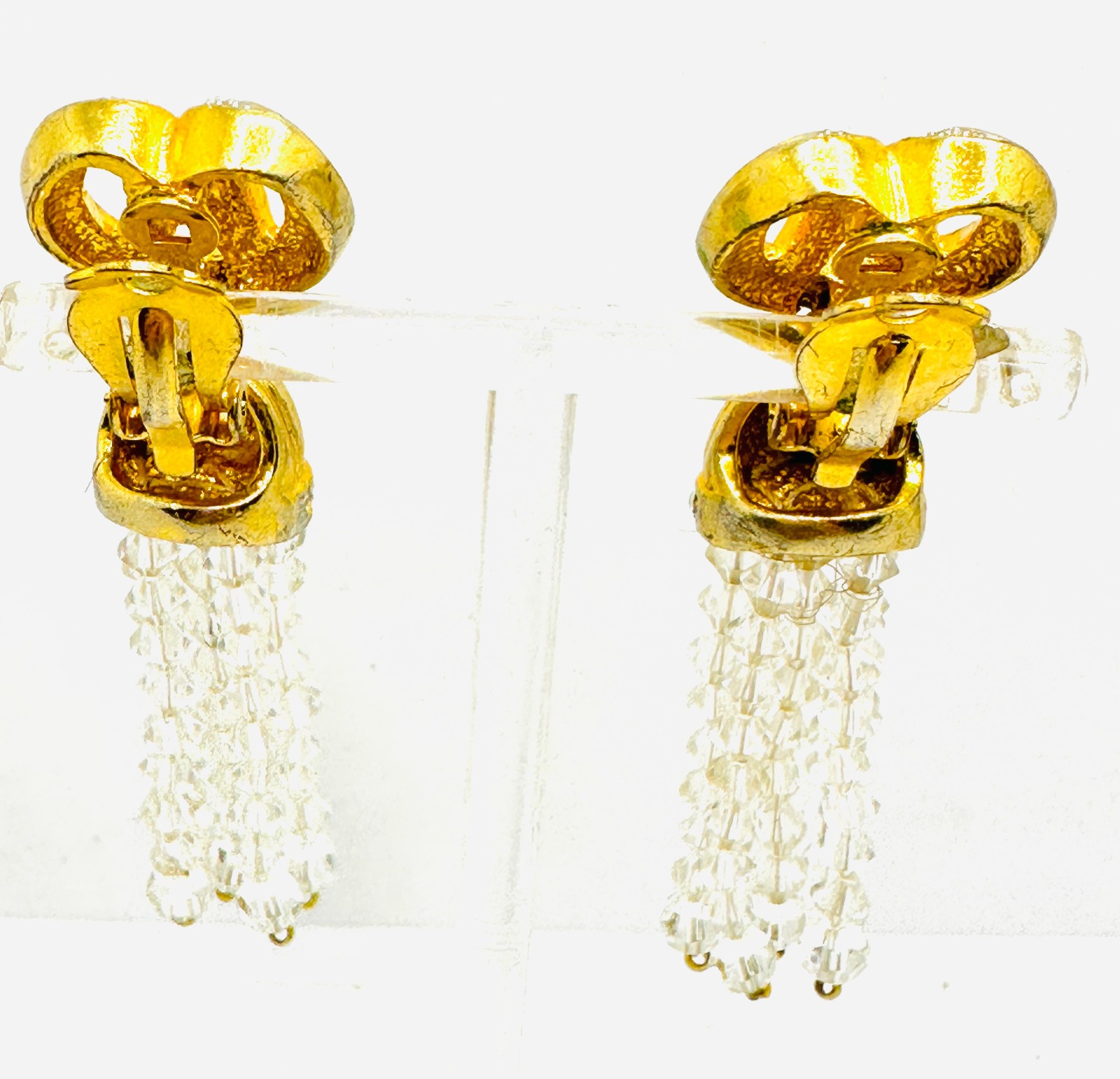 Vtg Fab 1980s Crystal Rhinestone Tassel Dangle Statement Gold Tone Earrings