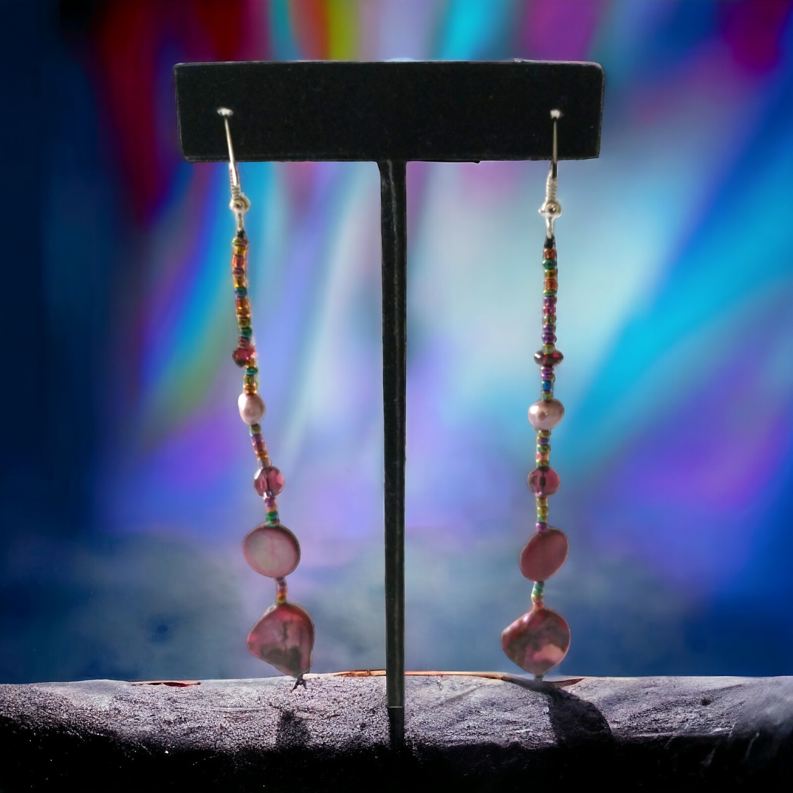 Pink Shell Beaded Dangle Earrings Boho Coastal Beach Mermaidcore Statement