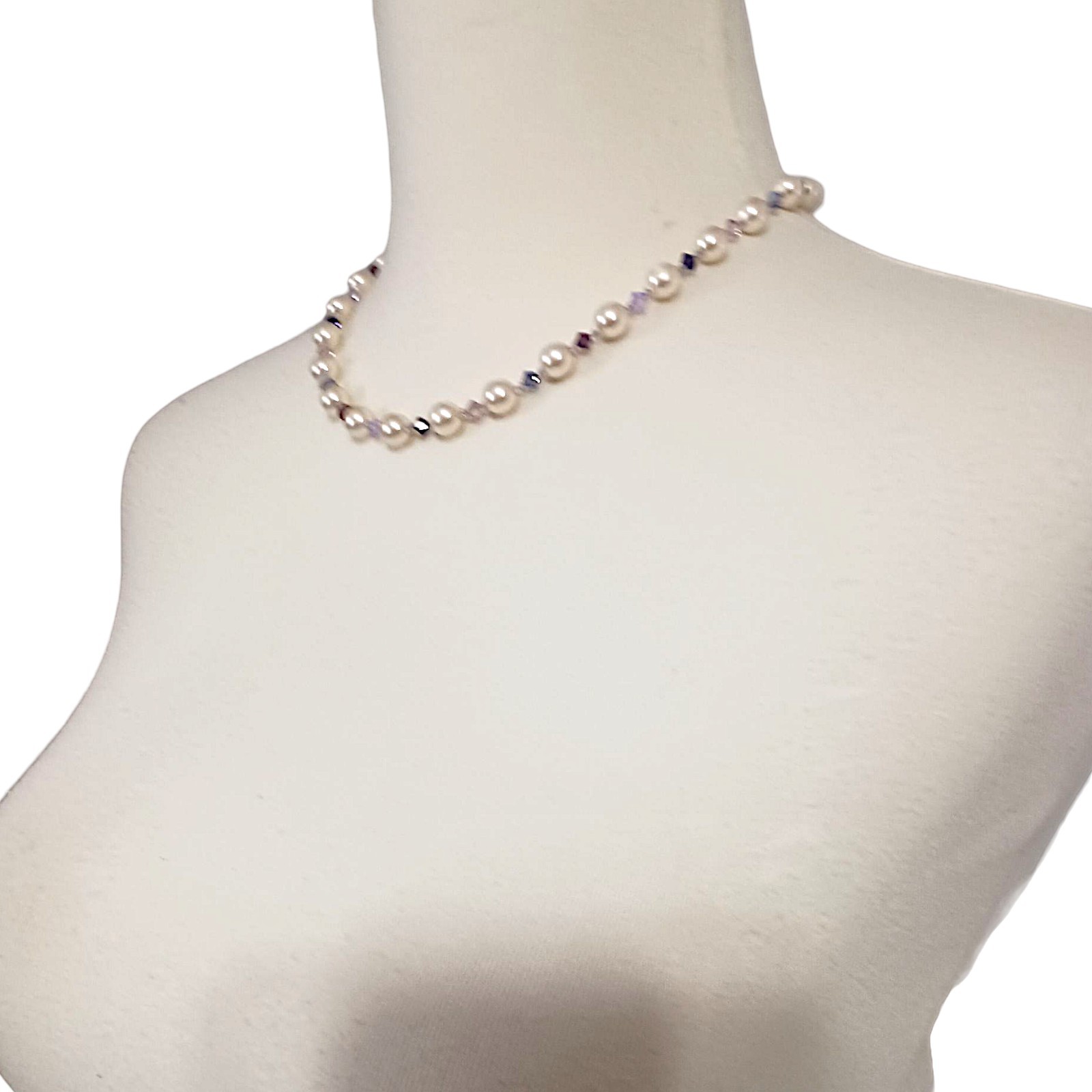 Vintage Purple Crystal Faux Pearl Necklace Beaded Hand Knotted Sterling Silver