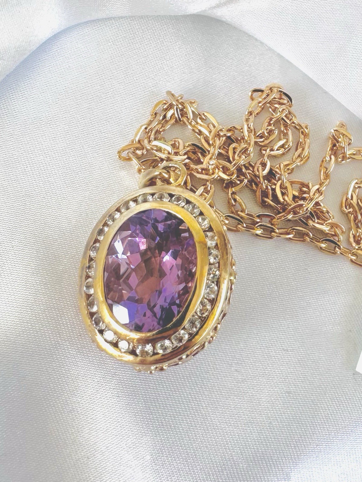 Vintage Sterling Silver 925 Gold on Large Reversible Amethyst Pendant Necklace