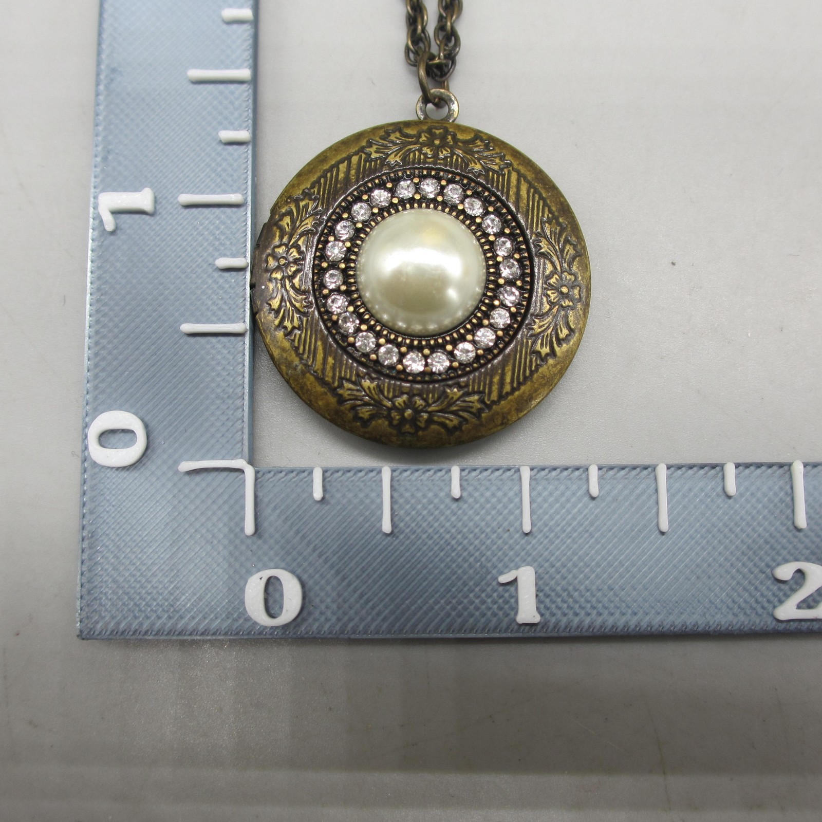 Vintage Locket Necklace Charm Pendant Heart Bird Rhinestone Bronze Tone 38 Inch
