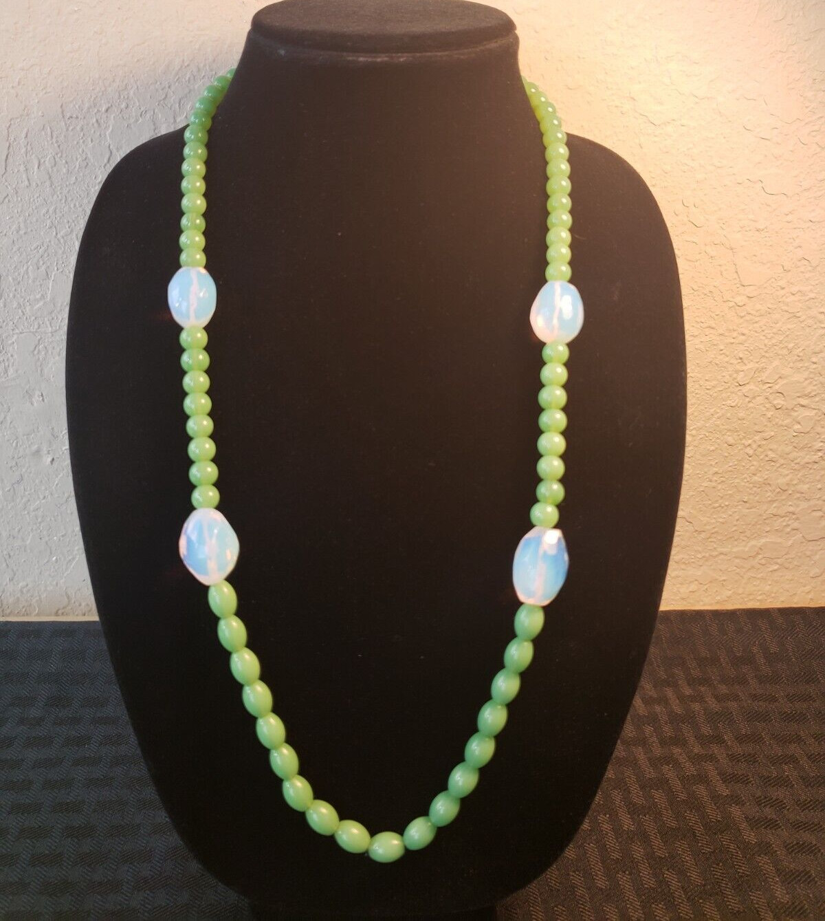 Vintage Opaline and Sage Green Glass Bead Necklace 29″