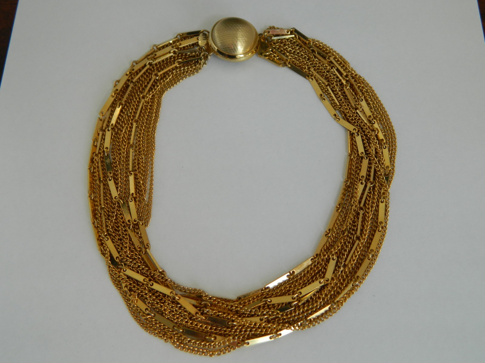 Vintage Mid Century Multi Strand Layered Fancy Link Choker Necklace Gold Tone