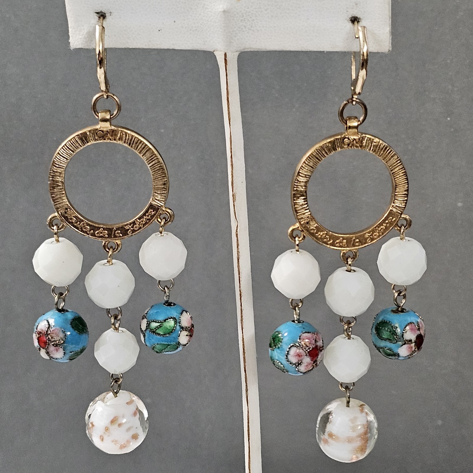 Vtg Loulou de la Falaise Cloisonné Beaded Drop Earrings Signed Designer