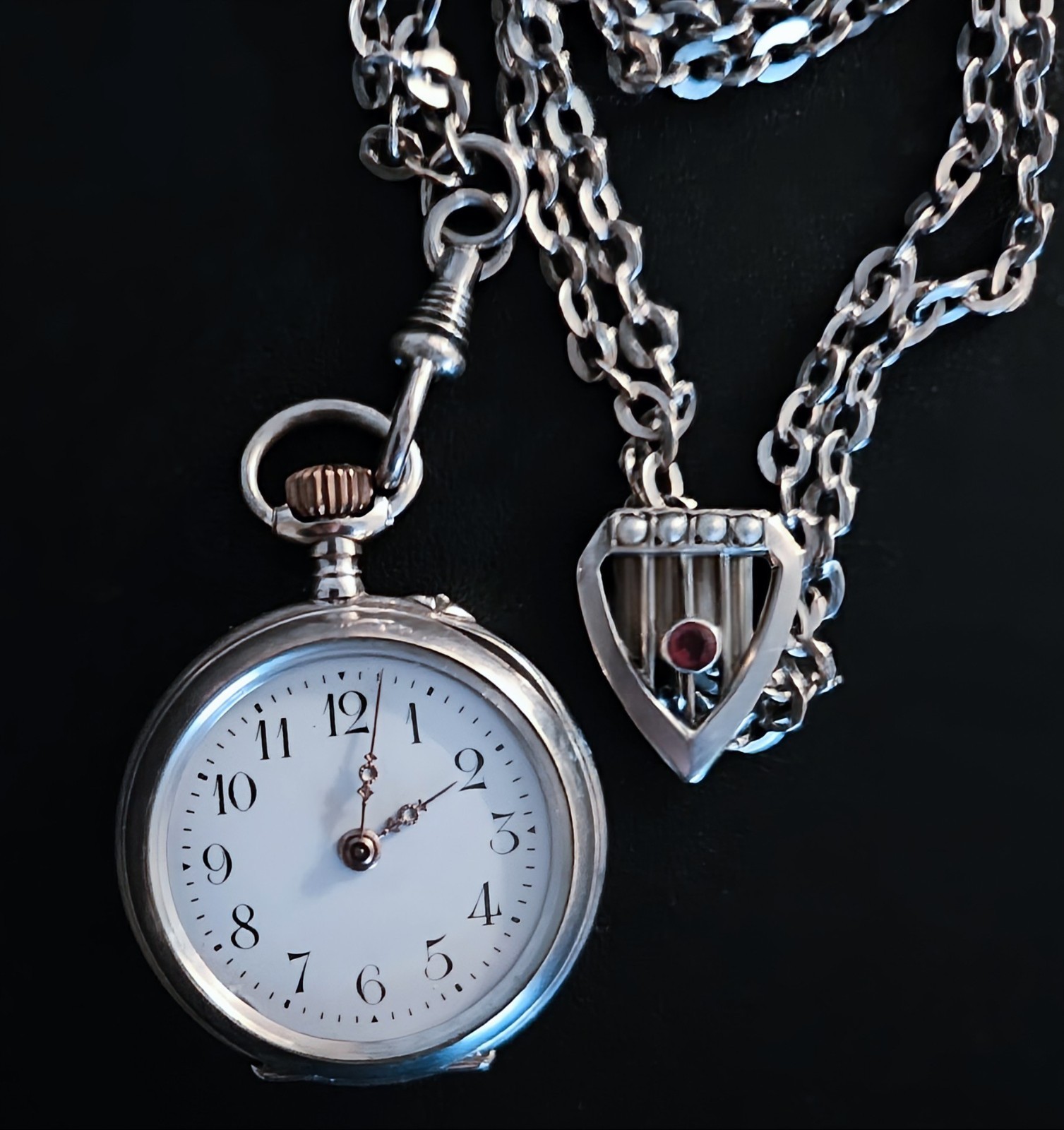 Victorian .800 Silver 57″ Guard Chain Watch Pendant Necklace Garnet Pearl Slide