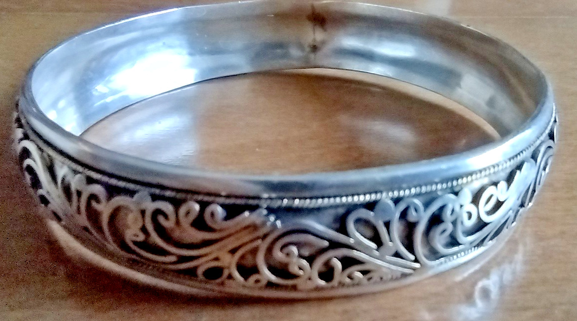 Vintage Sterling Silver Fancy Open Work Ornate Scroll Cuff Bangle Bracelet 8″