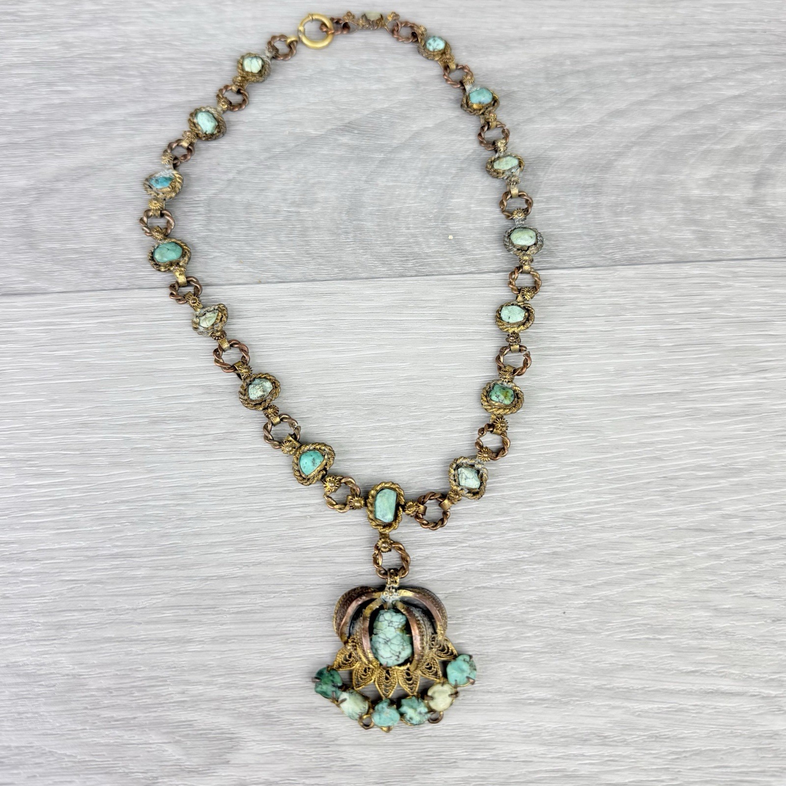 Vintage Possibly Antique Chinese Import Filigree Turquoise Pendant Necklace