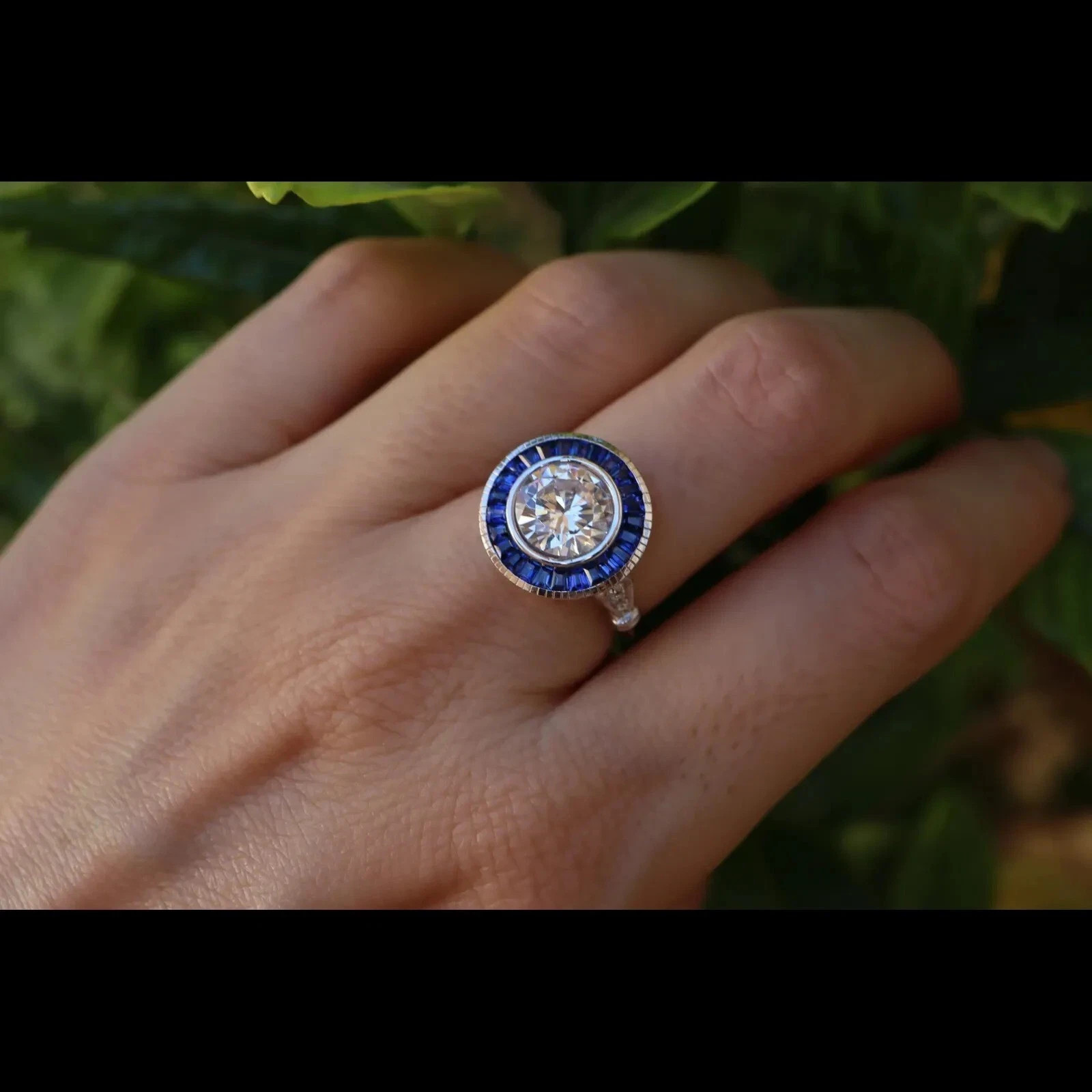 Art Deco Style Halo Lab Created Diamond Sapphire 14K White Gold FN Wedding Ring