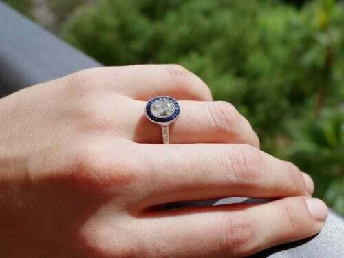Art Deco Style Lab Created Diamond & Sapphire Engagement 14K White Gold FN Ring