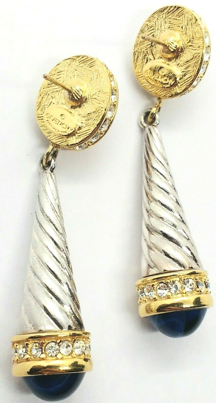Givenchy Paris Blue & Red Cabochon Silver & Gold Plated Crystal Dangle Earrings