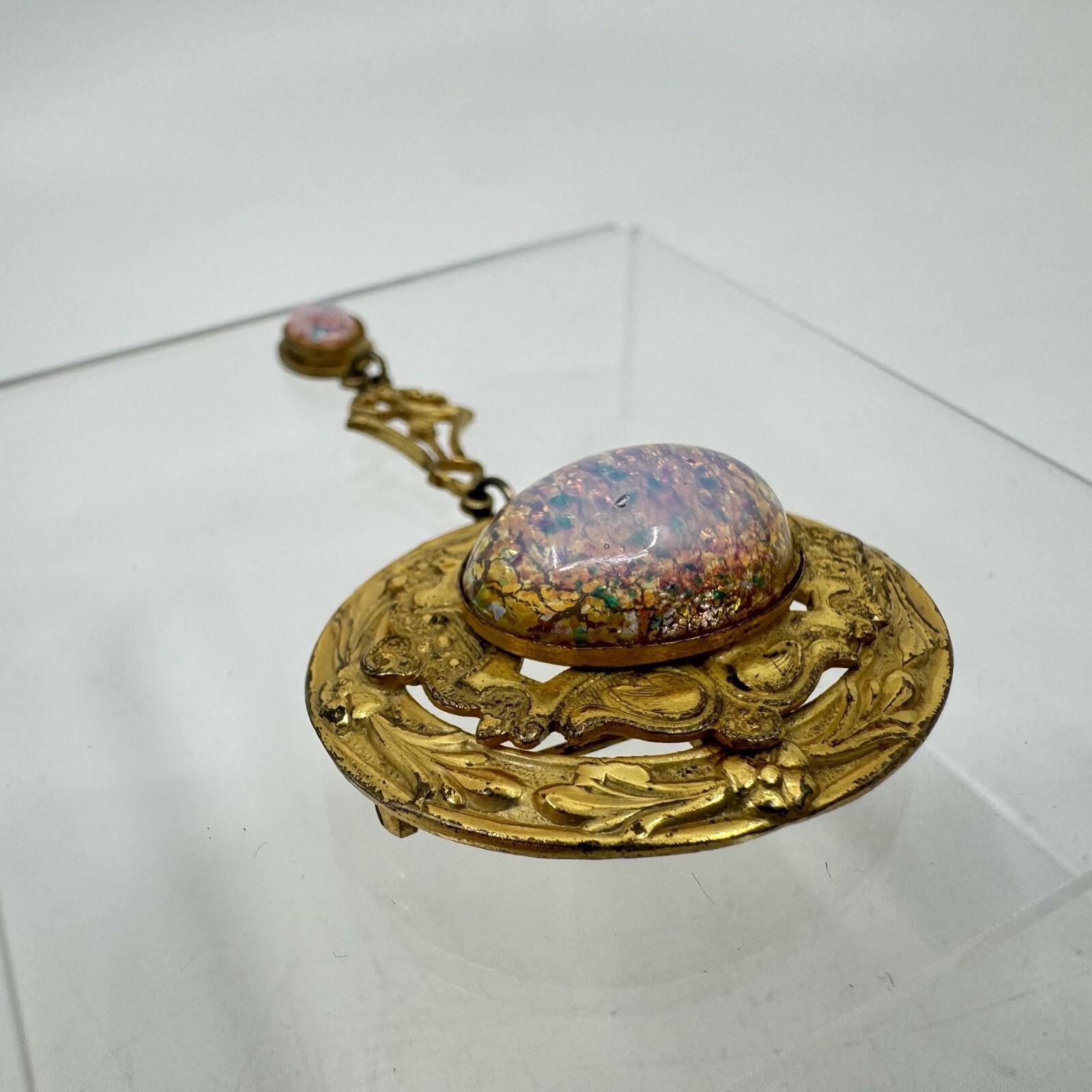 Victorian Revival Czech Foiled Opal Glass Brooch Oval Gold Tone With Dangle 2.5″