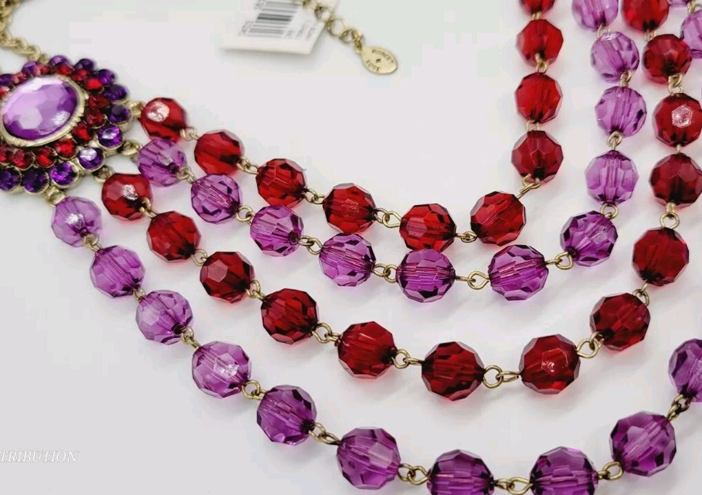 Robert Rose Purple & Red Beaded Necklace 4 Row Layered Collar Vintage WIDE 21 in