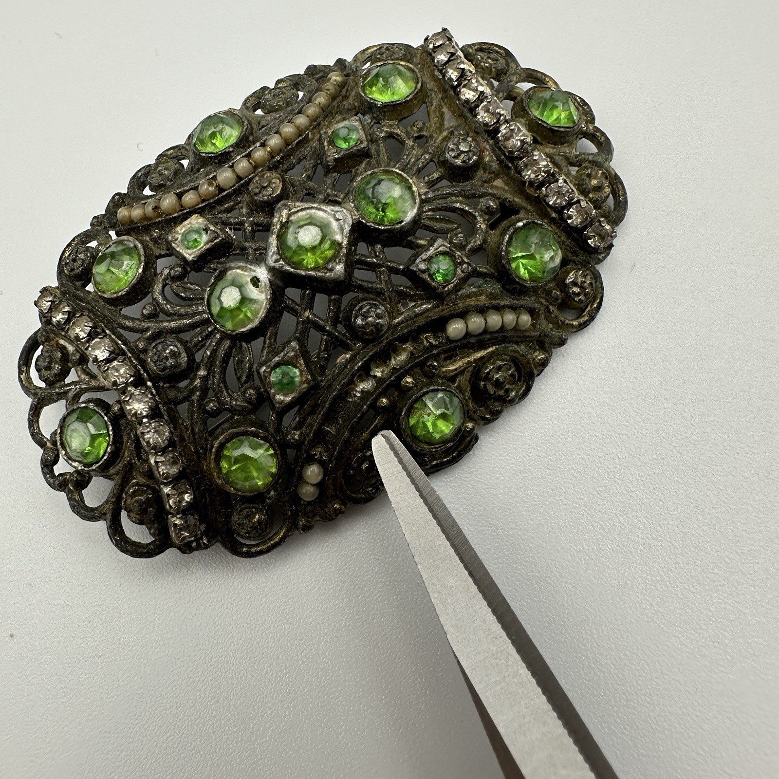 Vintage Little Nemo Brooch Pot Metal Rhinestone Victorian Revival Green READ