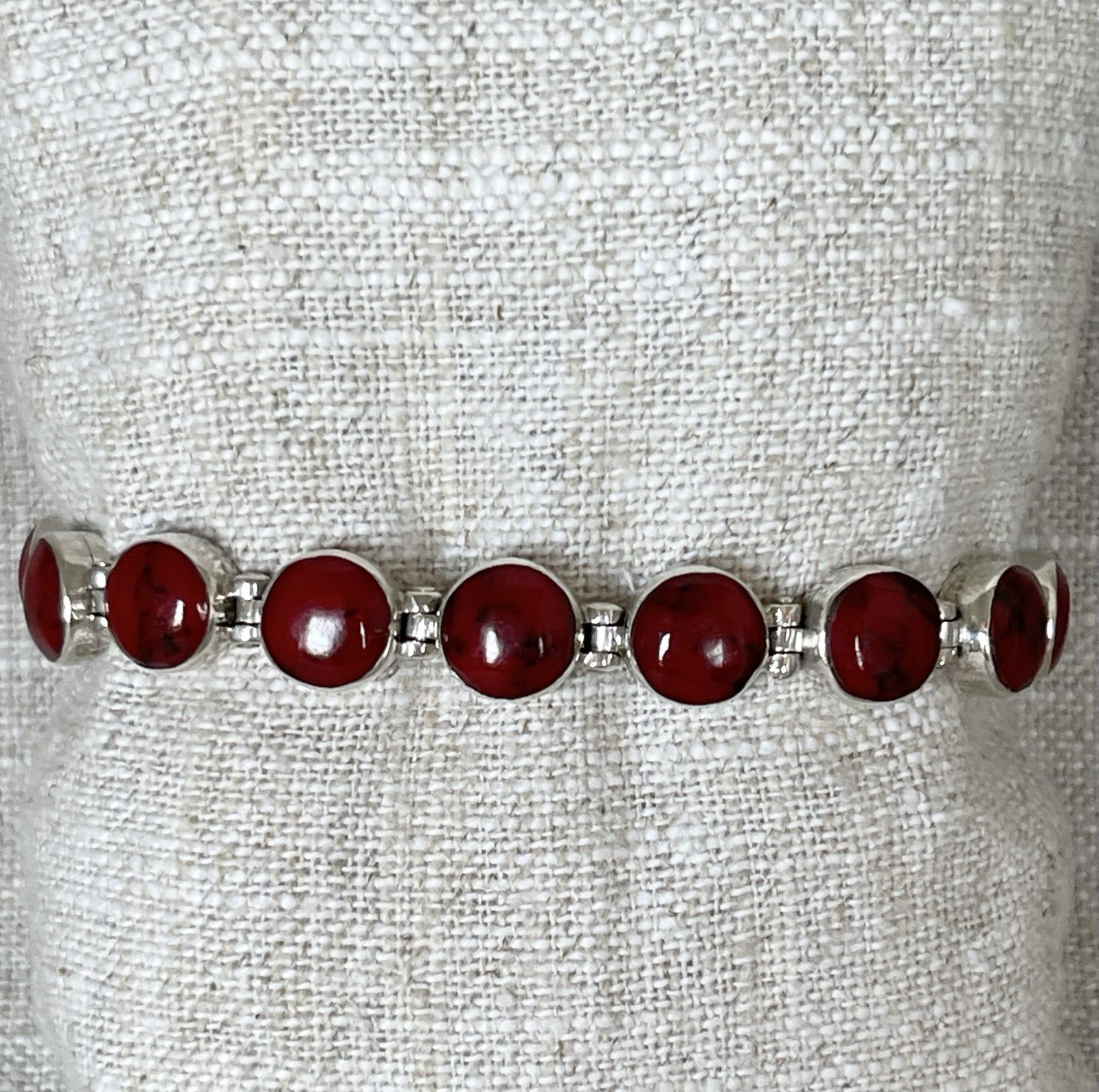 Vintage Sterling Silver Taxco Mexico 950 Red Jasper Hinged Links Bracelet 30g 7”