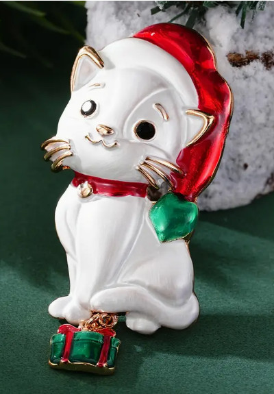 BROOCH-Cute Christmas Cat Enamel and Rhinestone Accents Brooch, Ideal Gift