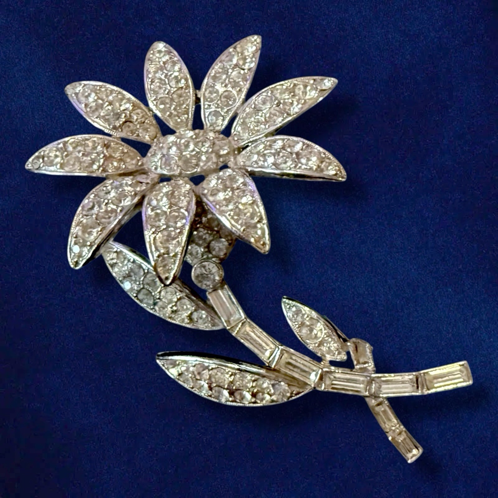 Rhinestone Flower Brooch Signed ORA Rhodium 1940s Large Vintage Pin 3 Inch