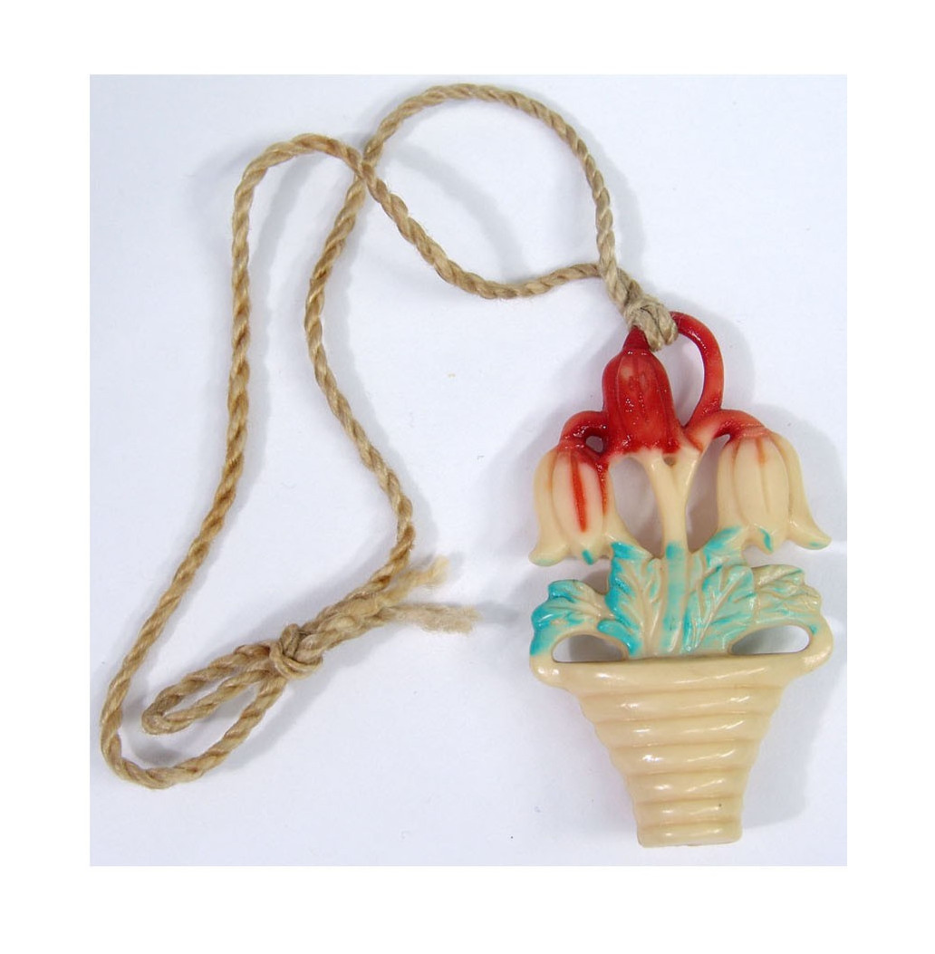 VTG 1930s Celluloid Hand-Painted 2″ Pendant Flower Basket Art Deco Necklace