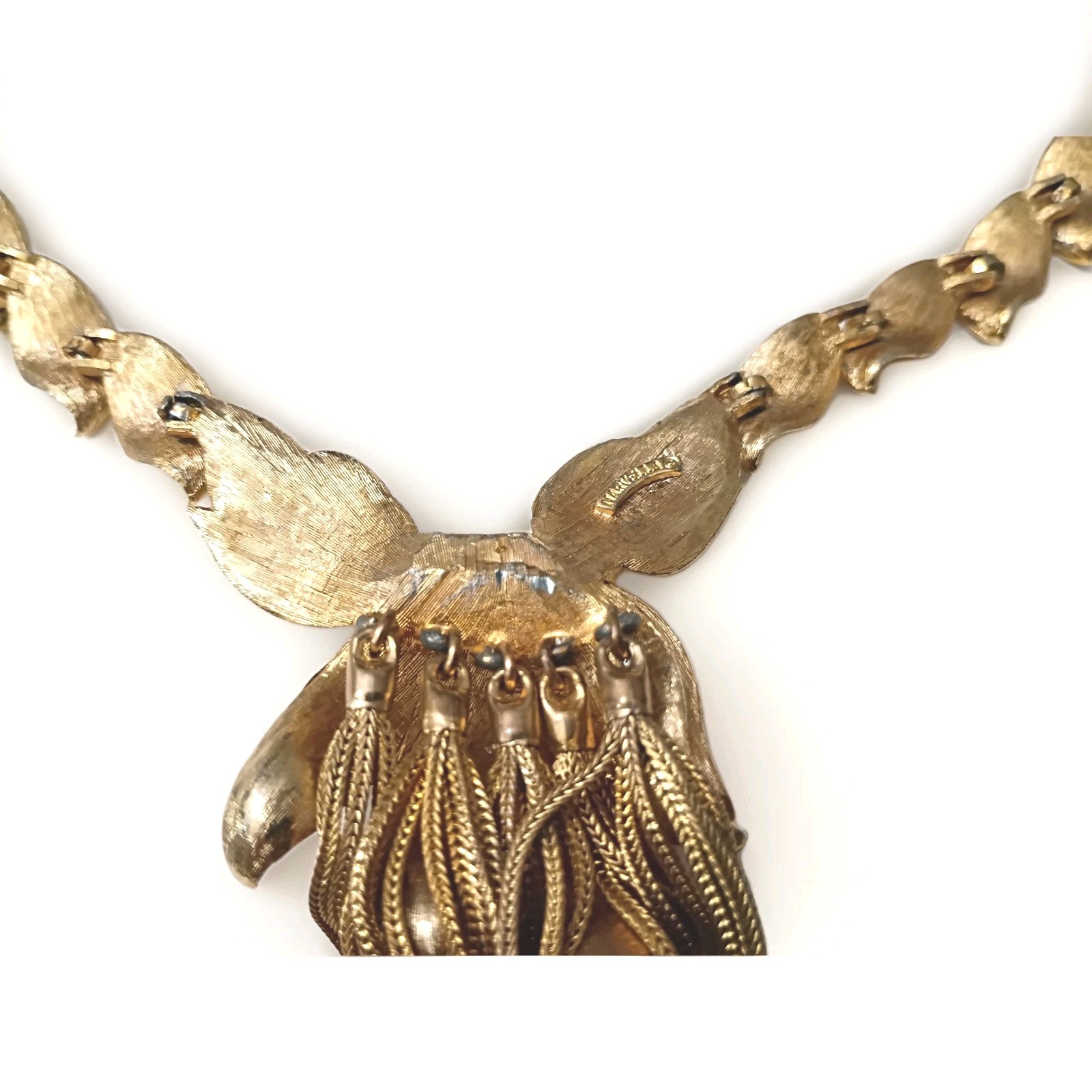 Vintage Ladies Designer Marvella Brushed Gold Tone Leaf & Tassel Necklace 16″