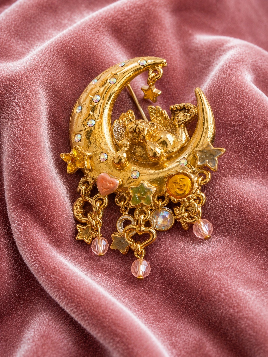 Vintage Kirks Folly Angel Cherub Moon & Stars Crystal Gold Tone Brooch Pin 2.5″
