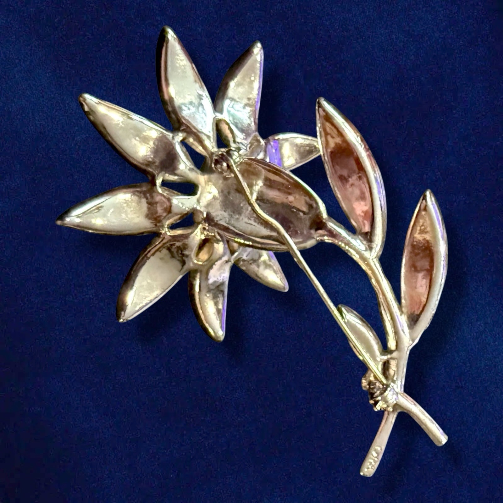 Rhinestone Flower Brooch Signed ORA Rhodium 1940s Large Vintage Pin 3 Inch