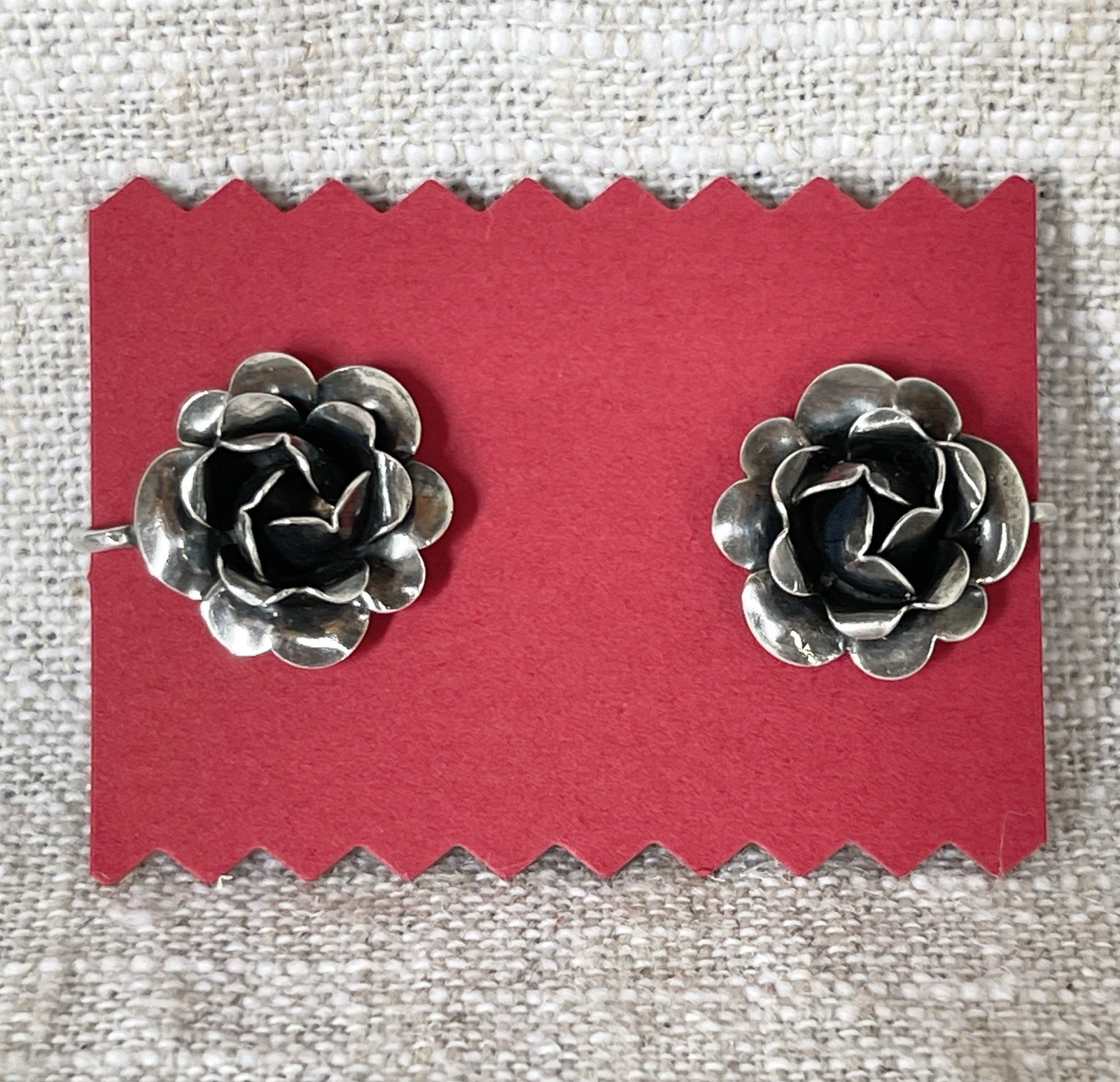 Vintage Oxidized Sterling Silver 3D Rose Flower Screw Back Stud Earrings