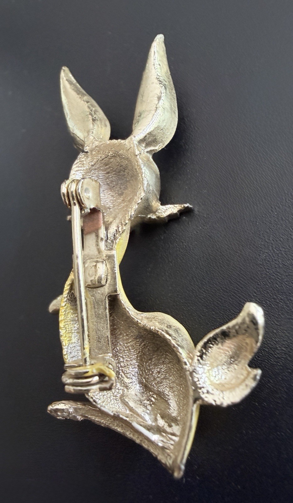 Mid Century Yellow Enamel Bunny Rabbit Brooch Red Rhinestone Eyes Whiskers Vtg